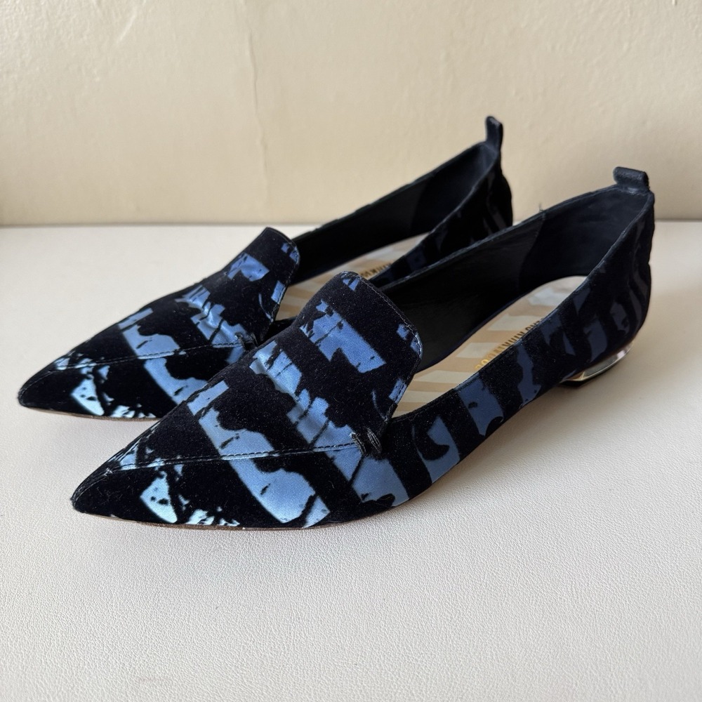 Nicholas Kirkwood Womens Loafers Flats‎ Blue Striped Velvet Size EU 37.5 US 7.5